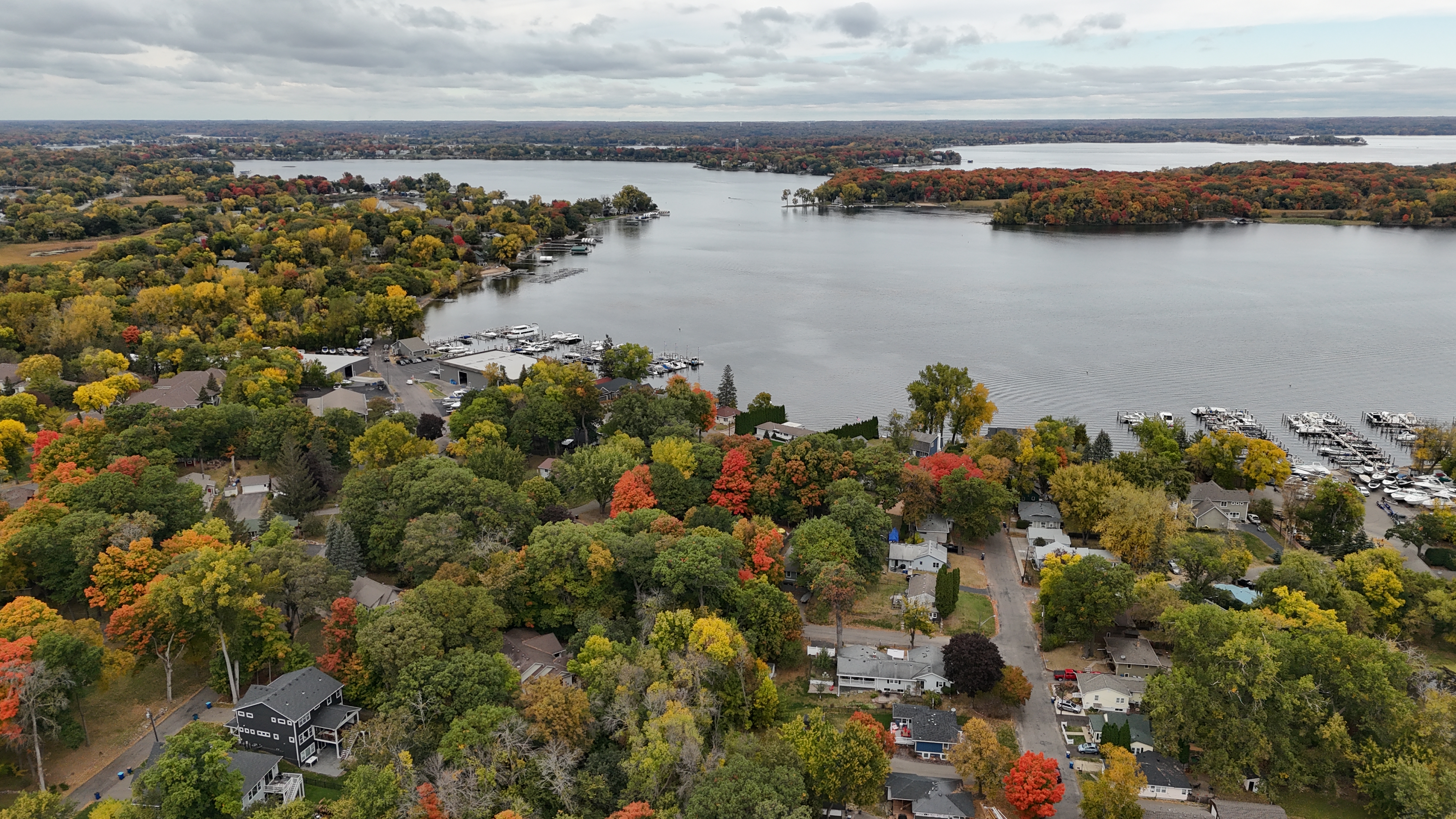 Lake Minnetonka bay with fall foliage